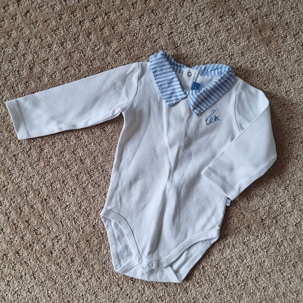 Brio bebe boys blue stripe collar shirt onesie size 24mo